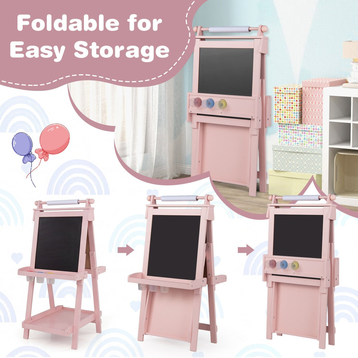 Double-sided kids art easel with chalkboard and whiteboard, featuring a sturdy frame and ample space for creative activities.