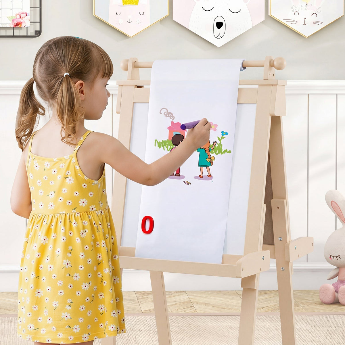 Double-sided kids art easel with chalkboard and whiteboard, suitable for creative drawing and learning activities.