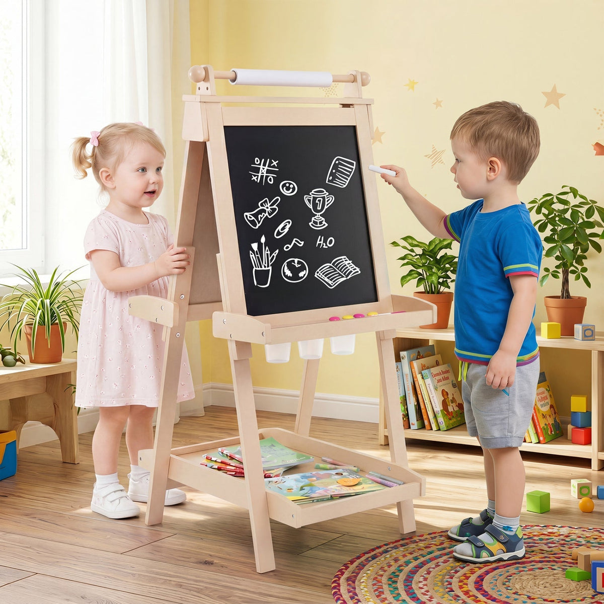 Double-sided kids art easel with chalkboard and whiteboard surfaces, ideal for creative drawing and learning activities.