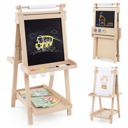 Double-sided kids art easel with chalkboard and whiteboard surfaces, ideal for drawing and learning activities.