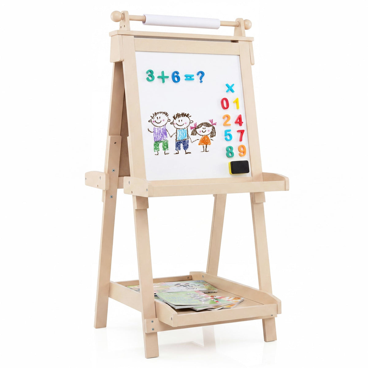 Double-sided kids art easel by GBruno Store with chalkboard and whiteboard for drawing and learning activities.