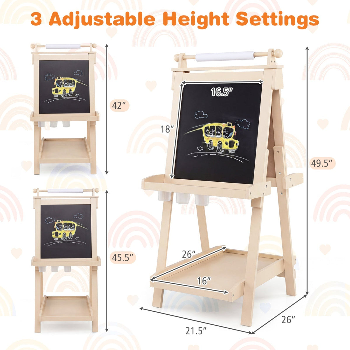 Double-sided kids art easel by GBruno Store with chalkboard and whiteboard surfaces for creative drawing and learning.