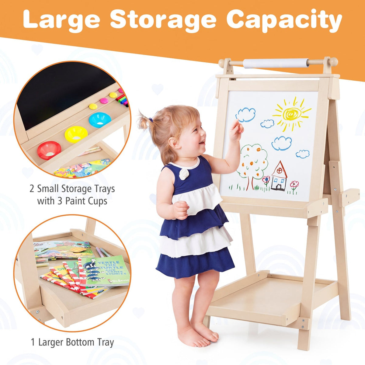 Double-sided kids art easel with chalkboard and whiteboard by GBruno Store, featuring colorful art supplies and a sturdy wooden frame