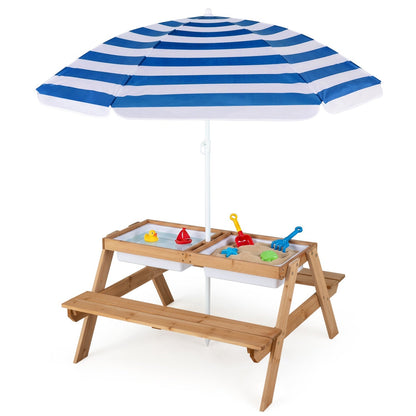 Kids outdoor picnic water sand table with umbrella from GBruno Store, featuring a colorful 3-in-1 kids table and chair set for outdoor play.