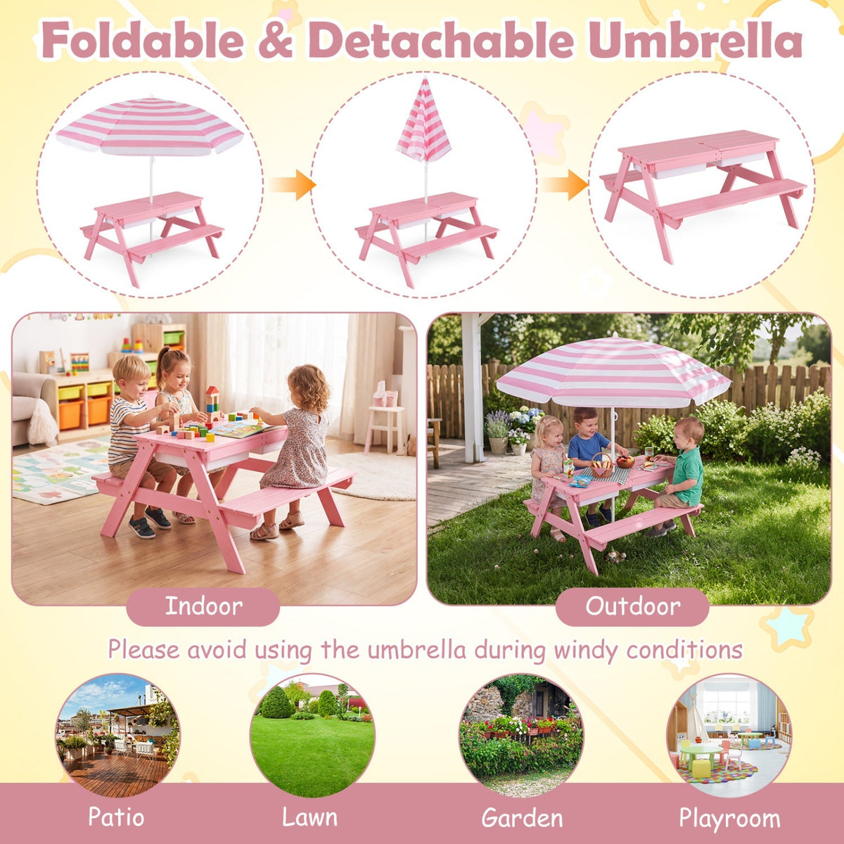 Kids outdoor picnic water and sand table with umbrella, part of GBruno Store's kids table and chair set for outdoor play.