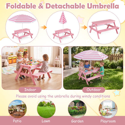 Kids outdoor picnic water and sand table with umbrella, part of GBruno Store's kids table and chair set for outdoor play.