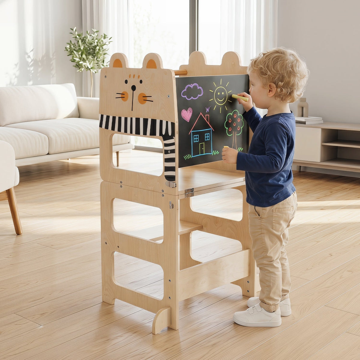 Wooden 3-in-1 kids step stool with chalkboard surface, sturdy design, and natural wood finish for children’s use and drawing fun.