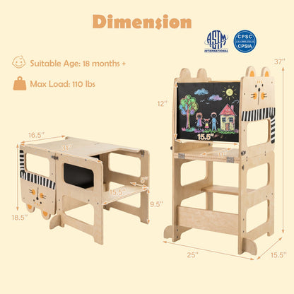 Wooden 3-in-1 kids step stool with chalkboard surface, featuring colorful handles and a sturdy design for children’s use.