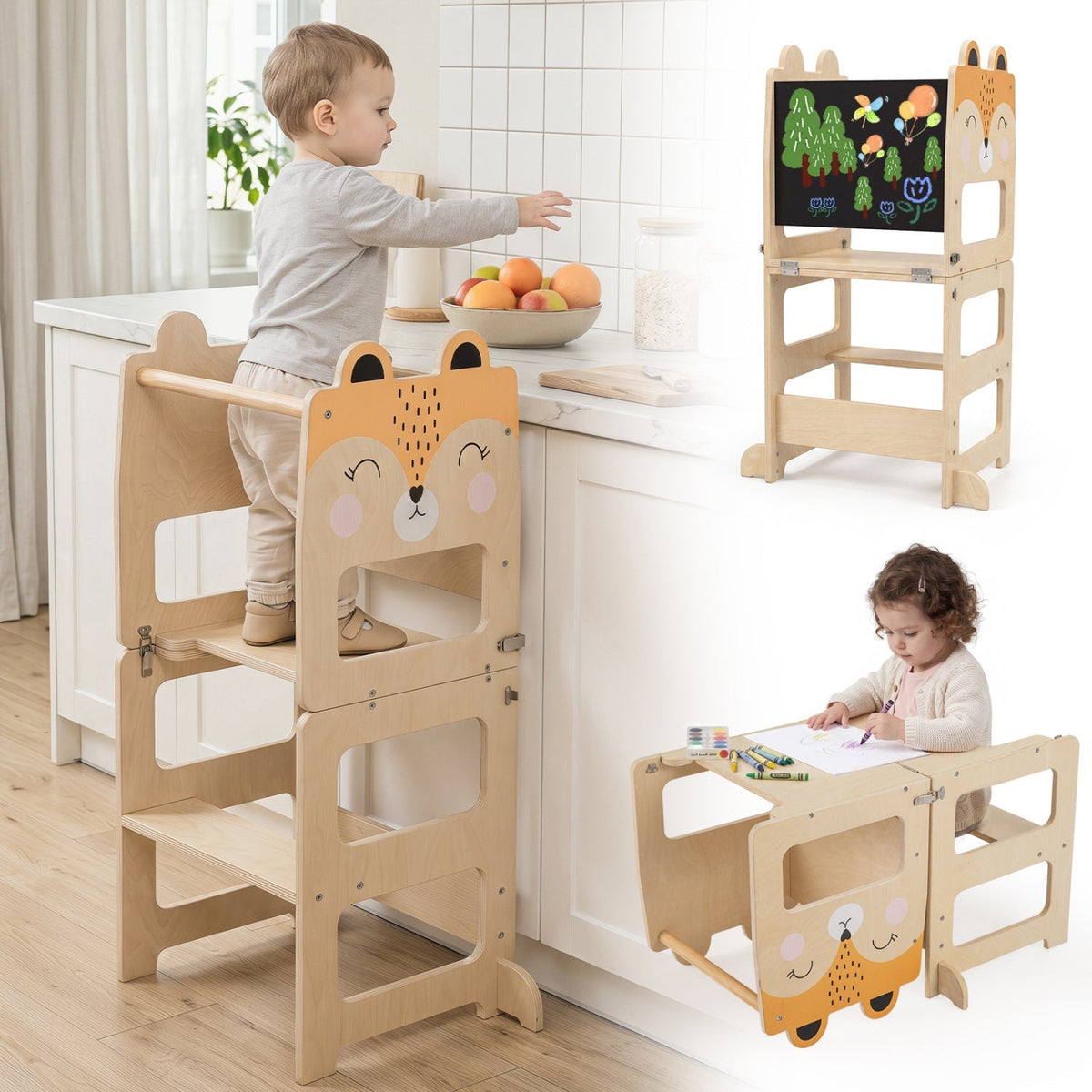 Wooden 3-in-1 kids step stool with chalkboard surface, sturdy and colorful, designed for children to reach higher and draw.