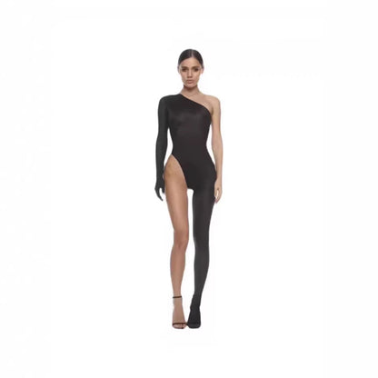 One-shoulder jumpsuit with slimming, leg-revealing design in a sleek silhouette