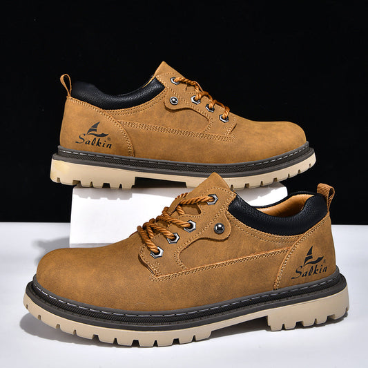 British-style work boots for trendy men, showcasing sturdy leather design and rugged soles