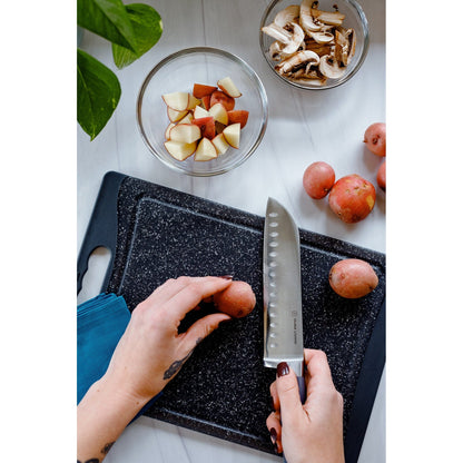 Dura Living Superior 7-inch gray Santoku Knife with a sharp blade and ergonomic handle for precise slicing and chopping.