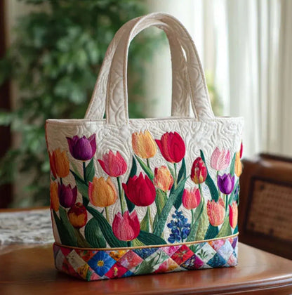 Digital-print quilting tote bag, commuter casual cotton-padded jacket bag with textured quilted design