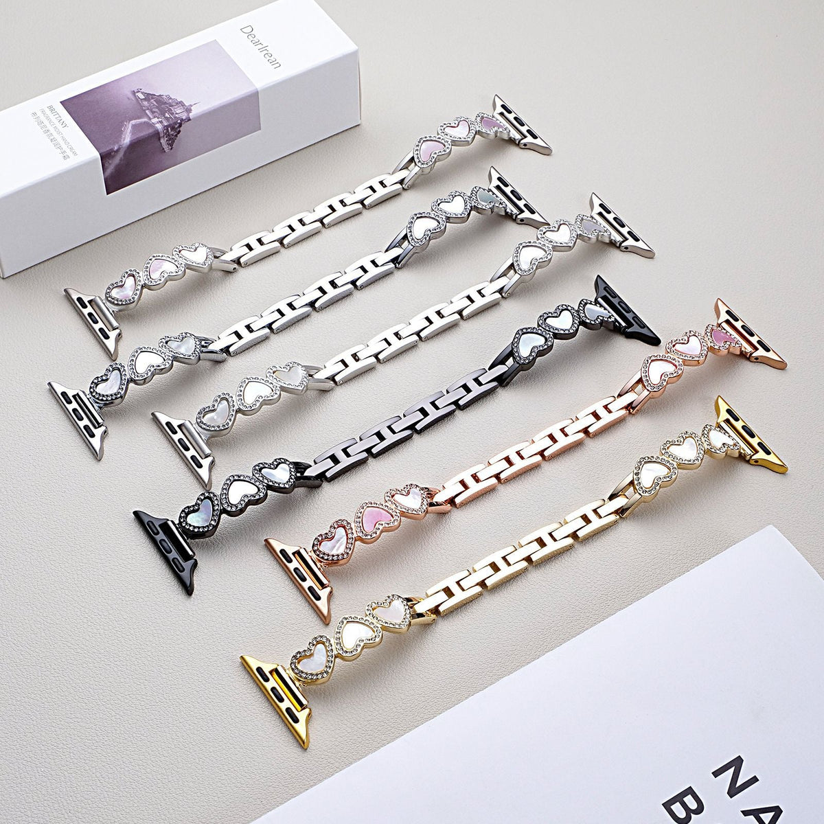 Loving-Heart shell metal watch strap with heart details and polished metal links
