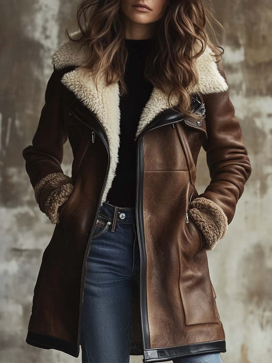 Women's vintage contrast collar faux leather coat by My Store