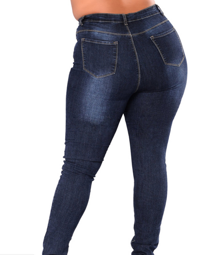 BackupMyFilesNow FlexiFit Denim Skinny jeans in dark blue with a close-up of the fitted waistband and pocket details.