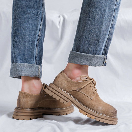 Youthful round-toe men's British-style casual pigskin mid-heel wide-toe work shoes