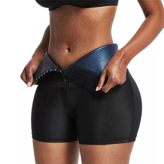 High-waist sauna shorts with belly-tight shaping, hip-lifting fit, and three-breasted design in black