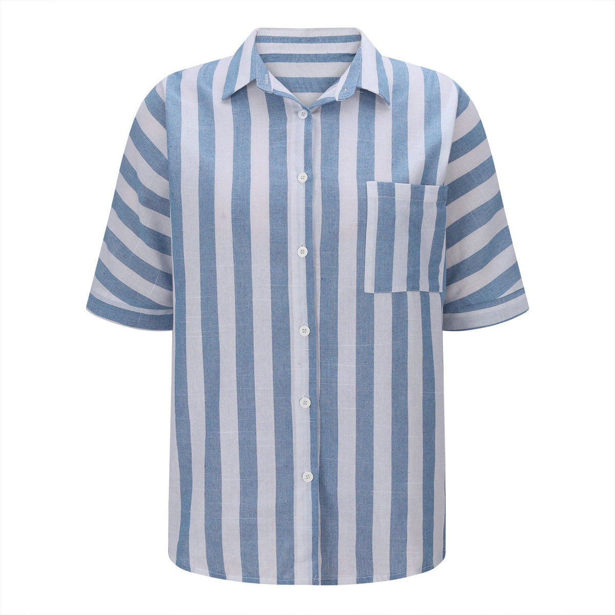 Madam striped short sleeve lapel casual button pocket cardigan shirt with front pockets