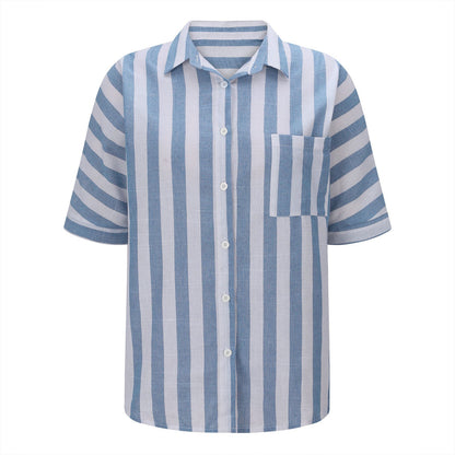 Madam striped short sleeve lapel casual button pocket cardigan shirt with front pockets