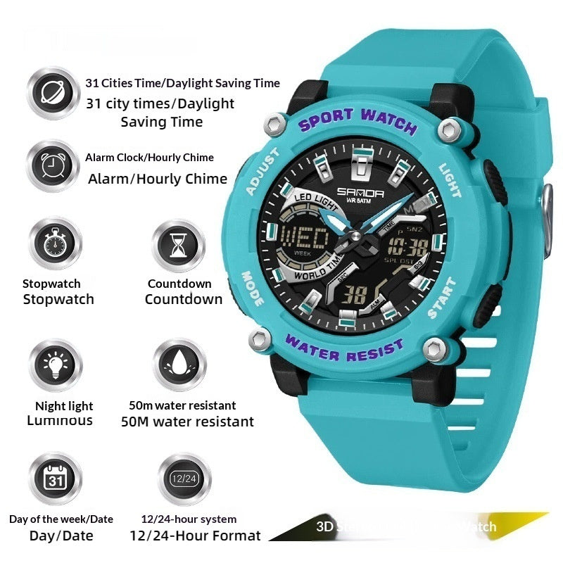 Dual-display luminous chronograph hiking watch with digital and analog faces, black strap and outdoor design