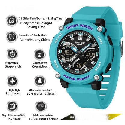 Dual-display luminous chronograph hiking watch with digital and analog faces, black strap and outdoor design
