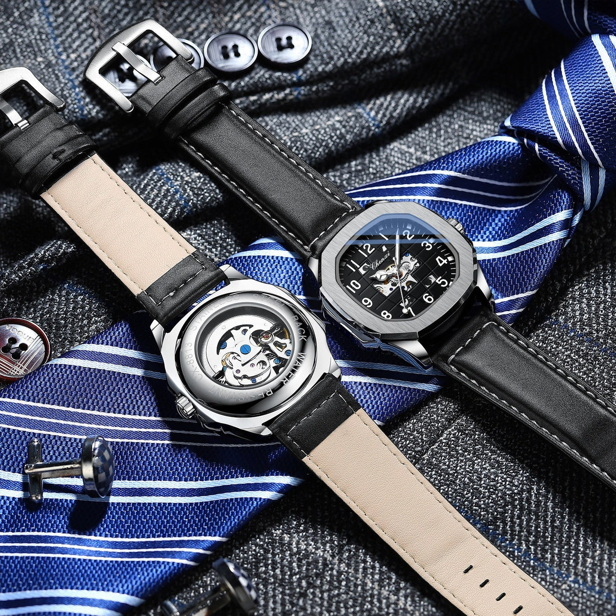 High-end square mechanical men's watch with a sleek case and visible mechanical movement