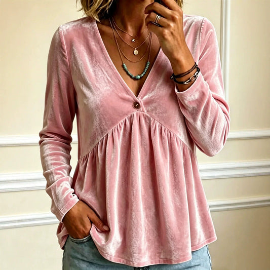 Women’s solid color V-neck long sleeve knit top blouse in a casual loose fit