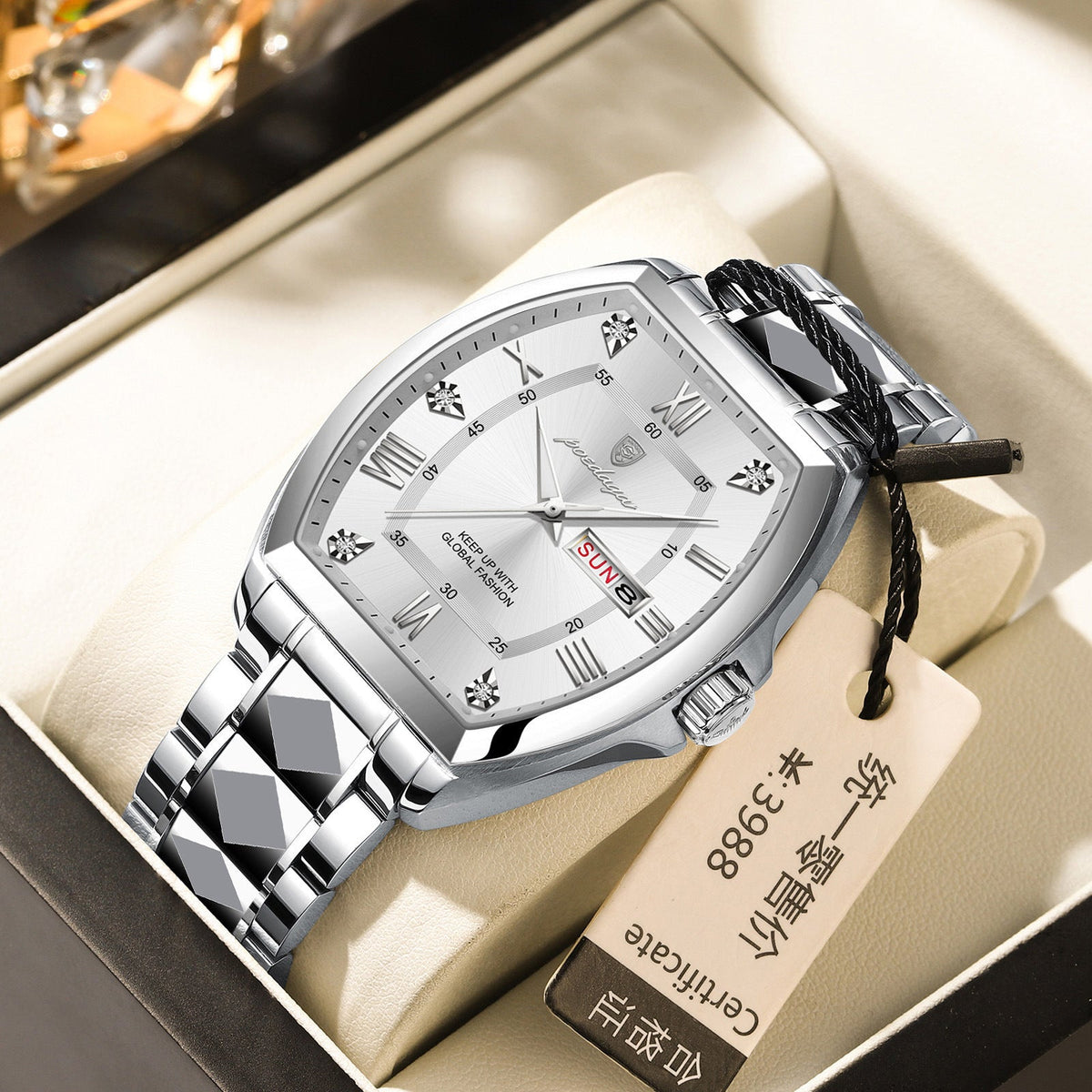Waterproof luminous barrel-shaped quartz men's watch with dark dial and leather-style strap