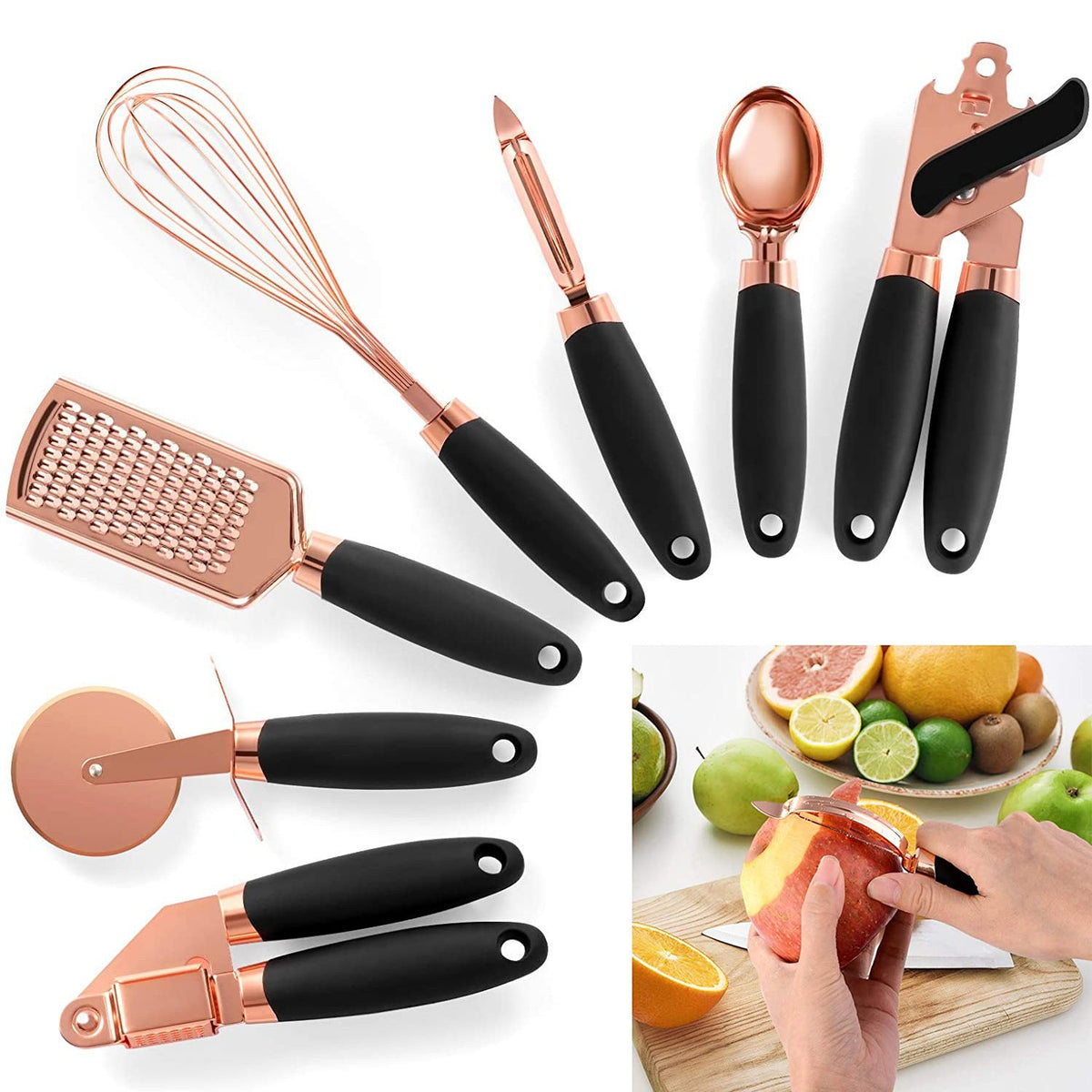 7-piece stainless steel kitchen gadgets set with assorted cooking utensils displayed together