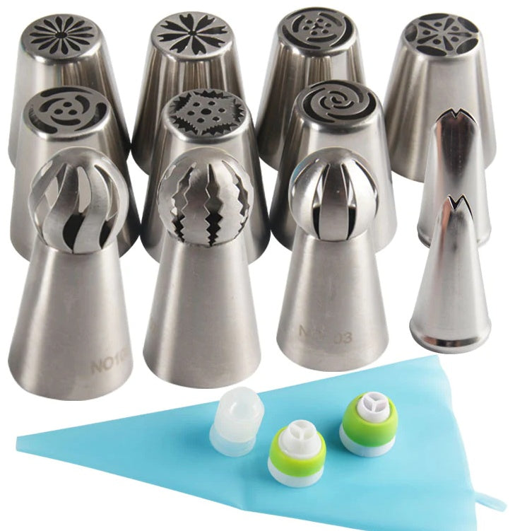 11-piece Russian tulip icing piping nozzles with pastry leaf tips for cupcake and cake decorating