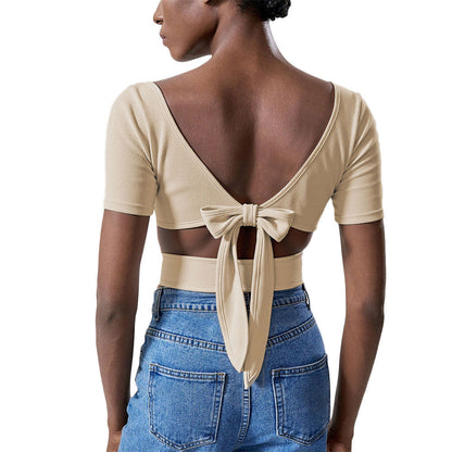 Cropped Midriff-baring Design Short-sleeve Top