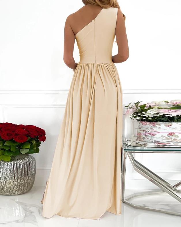 Women's one-shoulder high-split cutout sleeveless elegant cocktail maxi dress, front view
