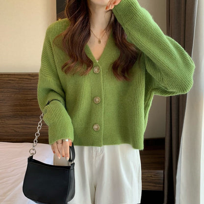 Women's Korean-style V-neck long-sleeved sweater cardigan in a solid color, shown front view