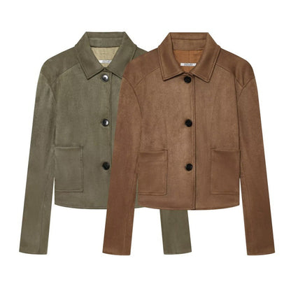 Retro-chic suede velvet lapel double-breasted jacket in autumn-winter style