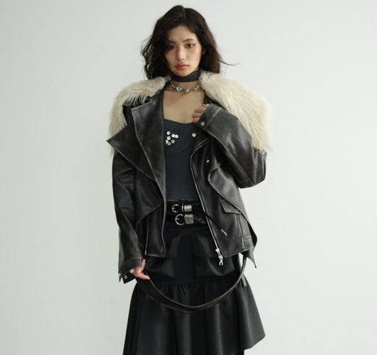 Two-layered distressed PU leather jacket in black with zip closure and layered design