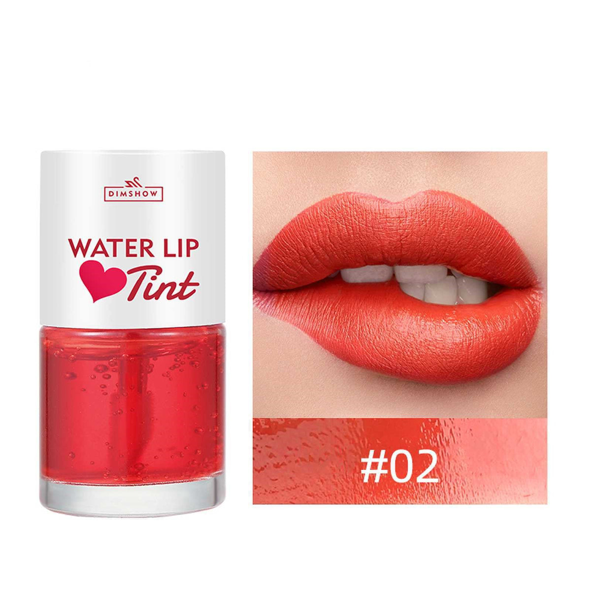 Women's non-fading lip stain in a compact tube, showing the product packaging and lip color shade