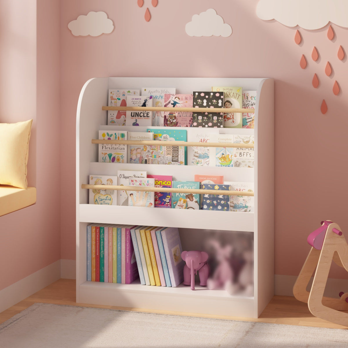 Kids bookshelf with three-tier front-facing display and toy storage, made by GBruno Store, showing colorful books and toys on the shelves.