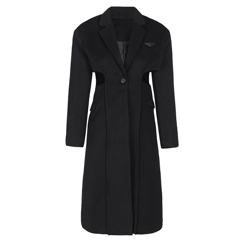 Fake two-piece hollow-out long wool coat in neutral tones, front view