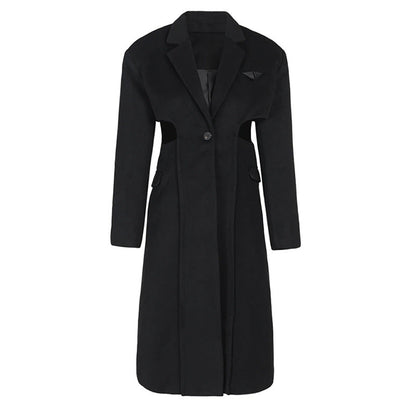 Fake two-piece hollow-out long wool coat in neutral tones, front view