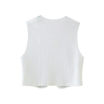 Retro style embroidered vest top with detailed stitching and sleeveless design
