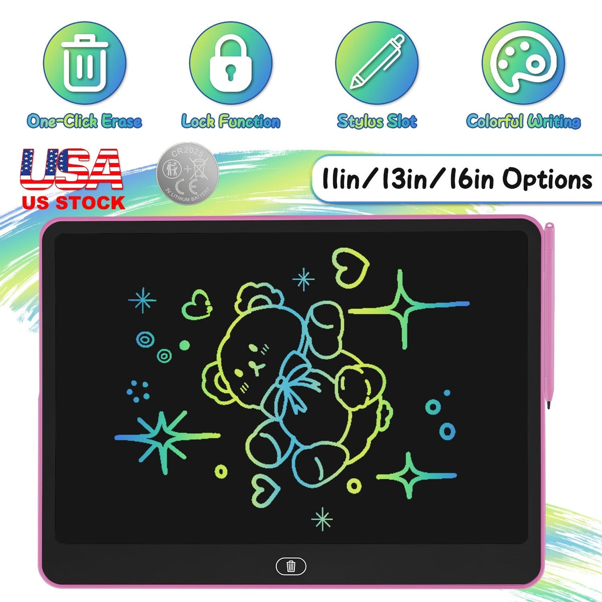 GBruno Store LCD writing tablet for kids with stylus and lock function, showing a colorful digital screen and stylus pen.