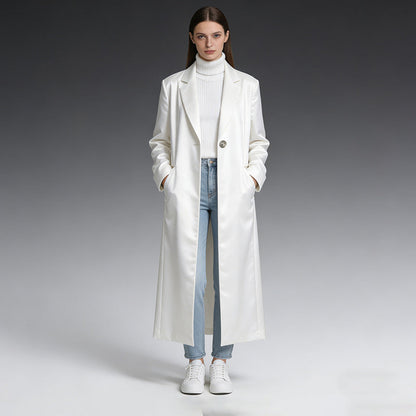 Women's commuter-style blazer trench coat with tailored lapels and structured silhouette