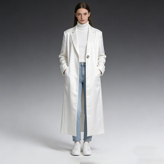Women's commuter-style blazer trench coat with tailored lapels and structured silhouette
