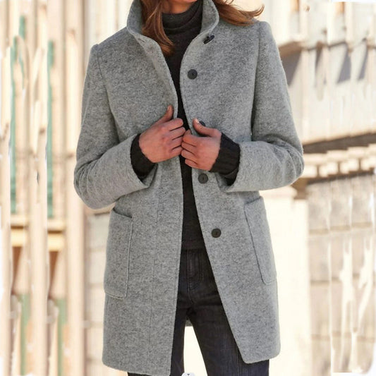 Women's stand collar woolen coat with pockets and button front, fall winter casual outerwear