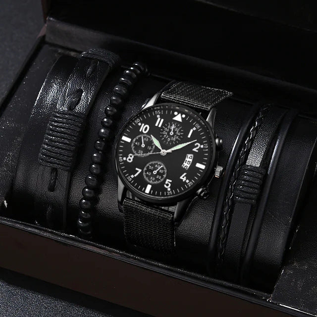 Single calendar fake three-eye canvas quartz watch bracelet set in a classic design