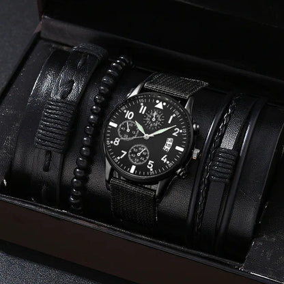Single calendar fake three-eye canvas quartz watch bracelet set in a classic design