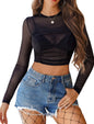 Black sheer mesh crop top by BACKUPMYFILESNOW®, featuring lightweight, see-through fabric and a stylish, fitted design.