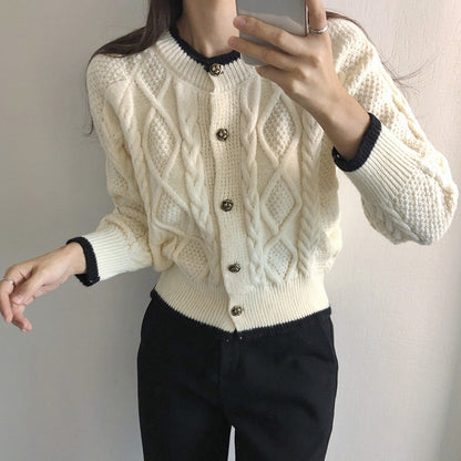 Color-block button-up knit cardigan sweater in a sweet style with contrasting panels and front buttons