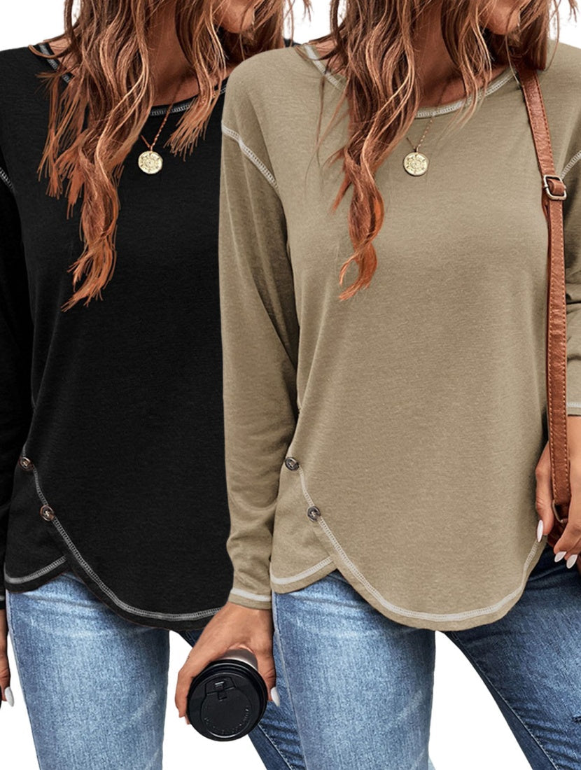 Women's solid button-up T-shirt with irregular edge detail, European and American style